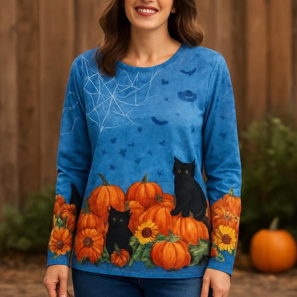 Gloria Vanderbilt Women's Halloween Shirt – Spider Webs, Black Cats, Pumpkins Lg